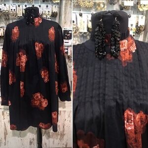 Na-kd sz 38 (M) Floral Black and Red Women's A Line Dress, High Ruffle Collar